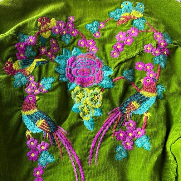 Johnny Was M Green Corduroy Embroidered Jacket Wearable Art Birds Heart - Picture 13 of 15